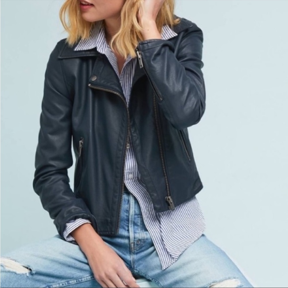 Anthropologie Vegan Leather Jacket Navy